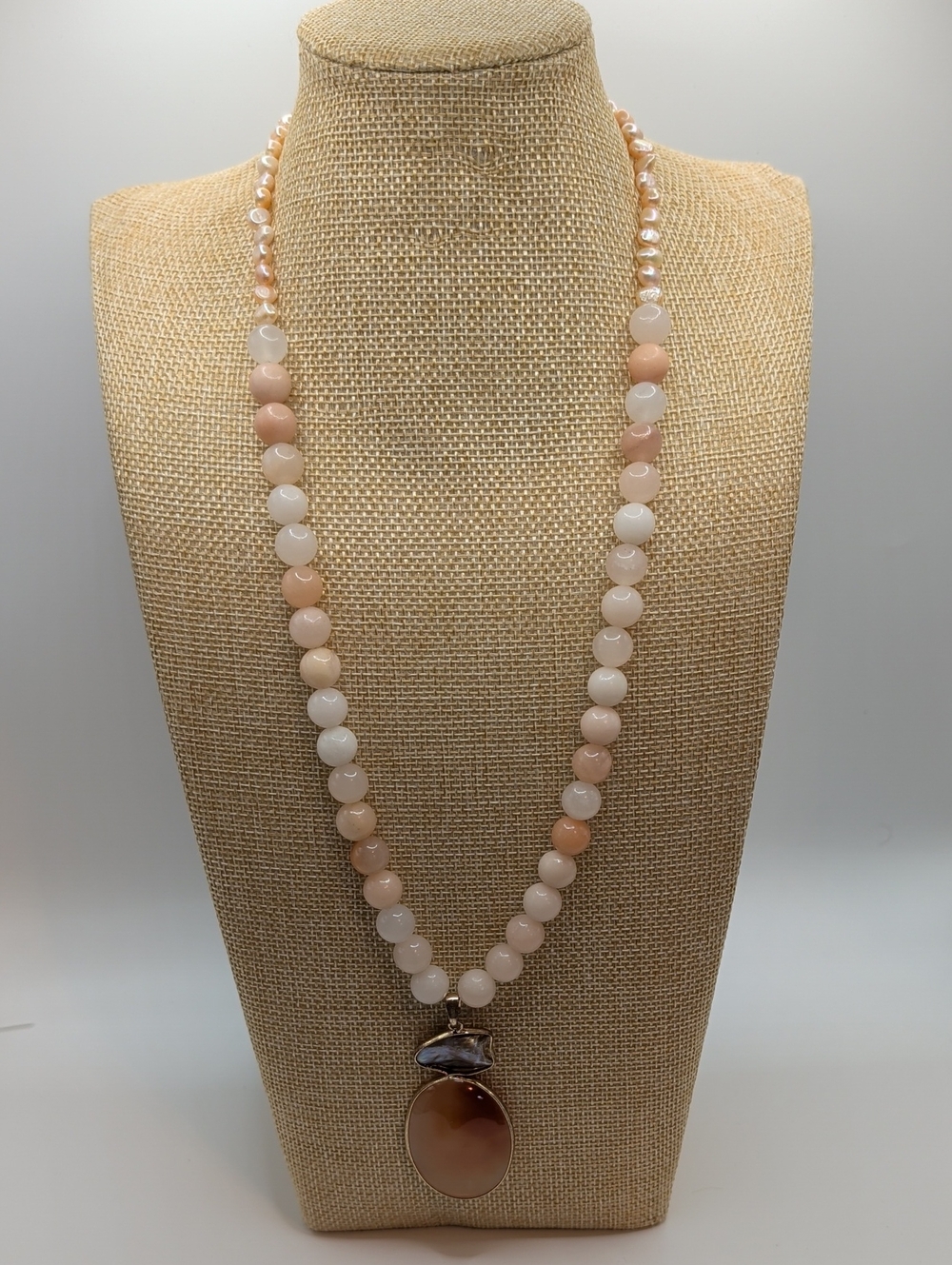 Elegant Peach and Cream Beaded Opal Necklace with Carnelian Pendant
